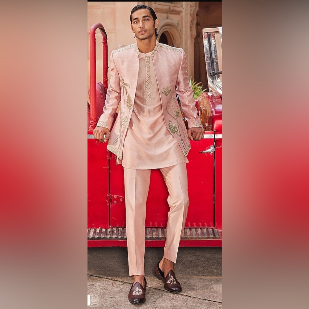 Men‘s Indian Raw Silk Embroidery Patchwork Palm Tree Jacket And Kurta Set